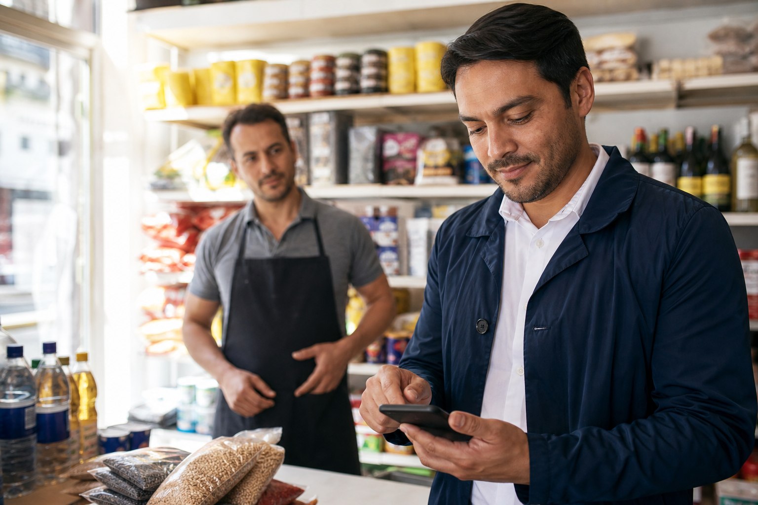 Field seller completing an order on a phone
